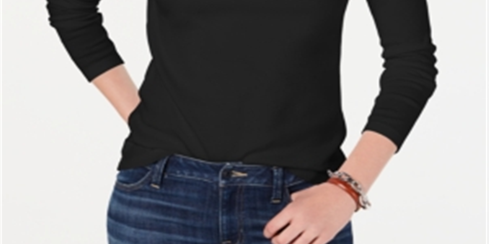 Camiseta feminina Tommy Hilfiger de algodão com manga comprida e bandeira, preta, tamanho XS