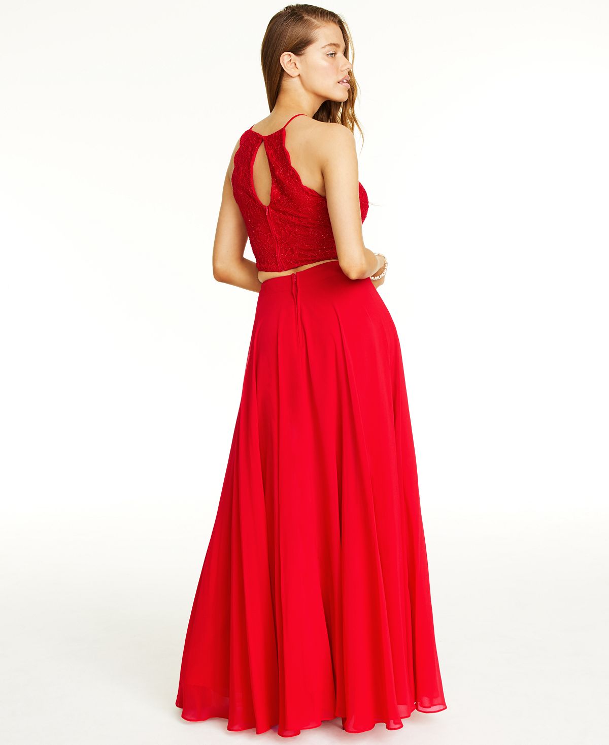 Top de renda brilhante e saia longa de chiffon City Studios Junior, 2 peças, vermelho, tamanho 9