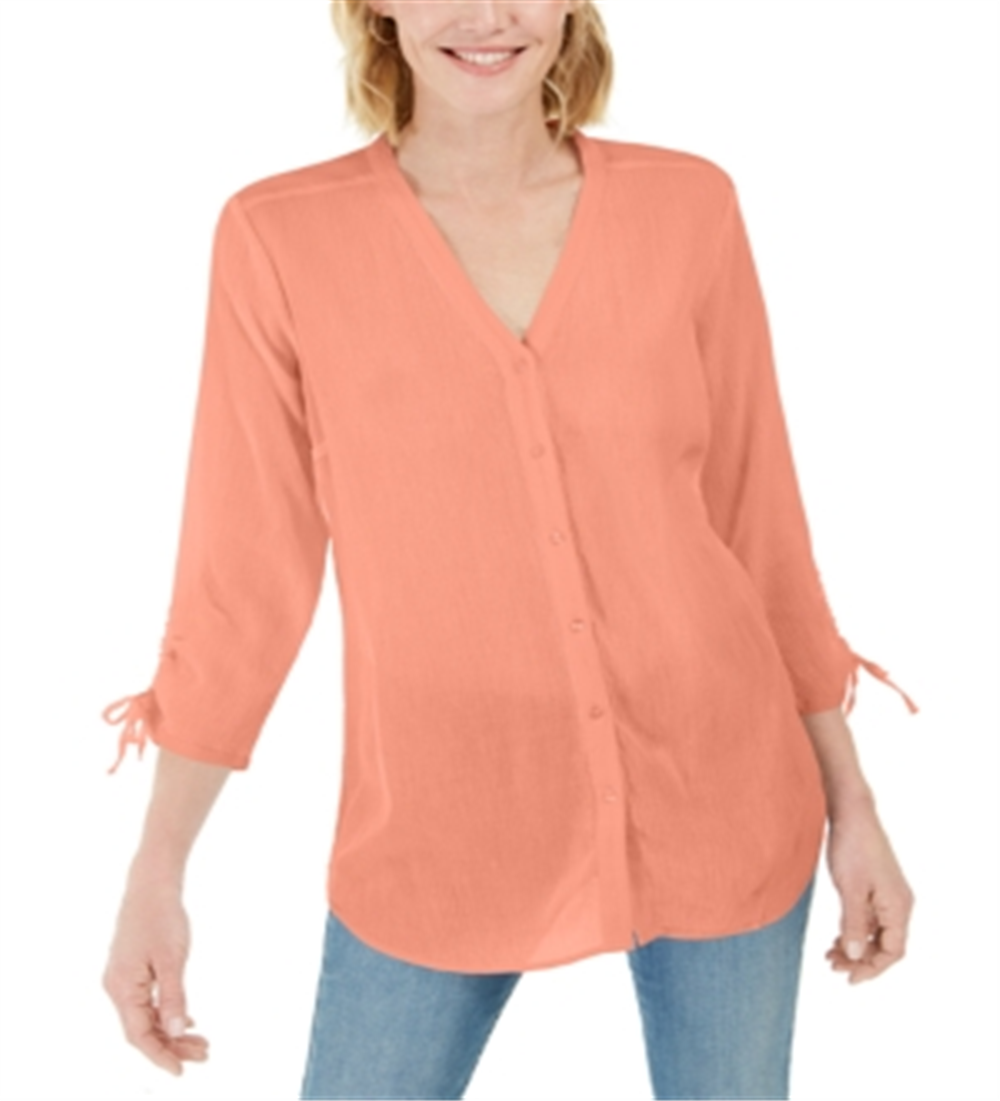 Blusa feminina Charter Club com mangas compridas e amarradas, laranja, tamanho pequeno