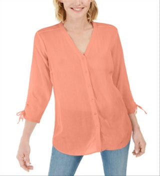 Charter Club Women's Gauzy Tie Sleeve Blouse Orange Size Small