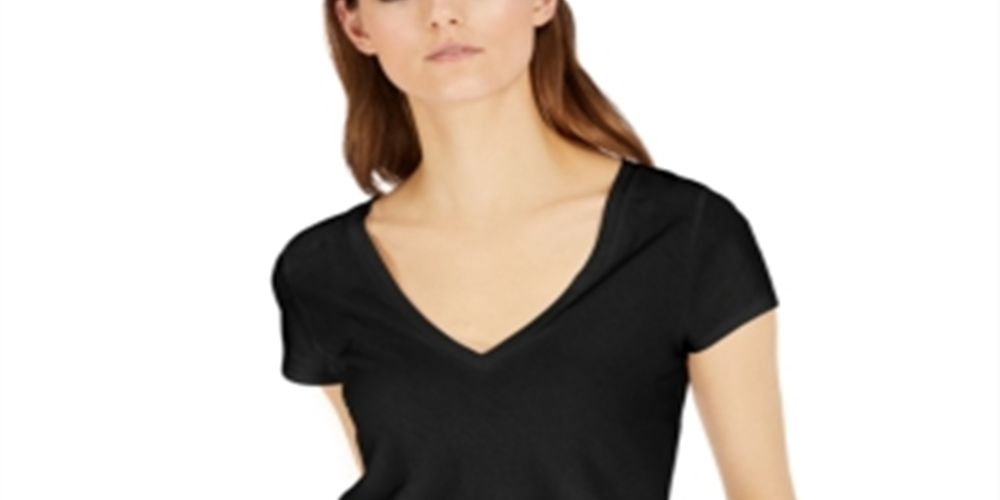 Camiseta feminina com decote em V da INC International Concepts, preta, tamanho médio