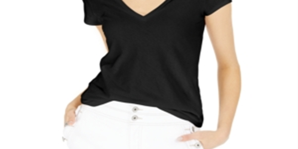 Camiseta feminina com decote em V da INC International Concepts, preta, tamanho médio