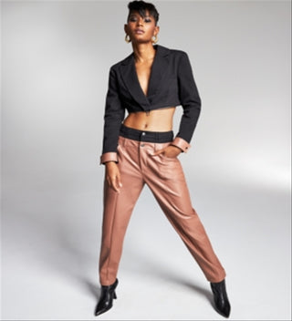 Calça feminina Bar III de couro sintético com cós duplo, marrom, tamanho XXXL