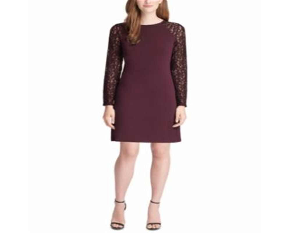 Vestido evasê com manga de renda Tommy Hilfiger feminino, vinho, tamanho 10