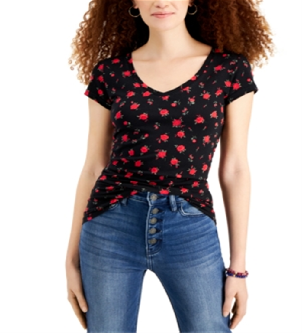 Camiseta estampada Planet Gold Junior com decote em V, preta, tamanho pequeno