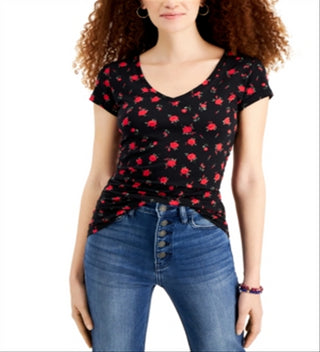 Camiseta estampada Planet Gold Junior com decote em V, preta, tamanho pequeno