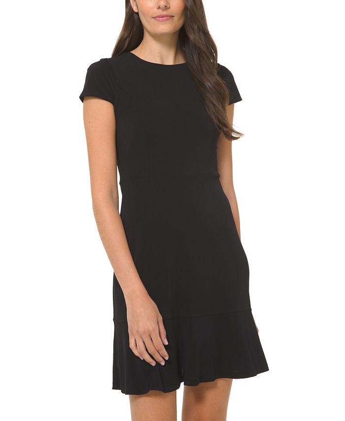 Vestido feminino Michael Kors com babados e costura evasê, preto, tamanho pequeno, médio