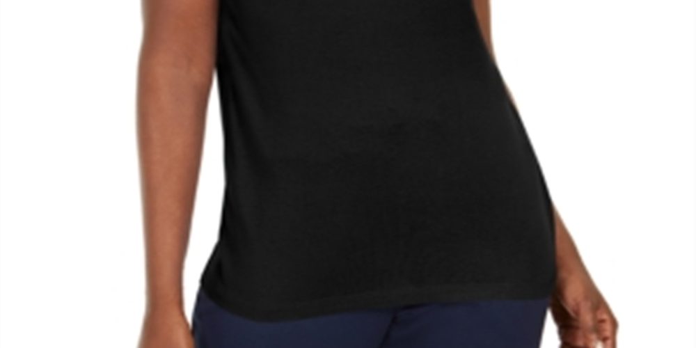 Camiseta feminina Karen Scott com acabamento em crochê e algodão, preta, tamanho grande