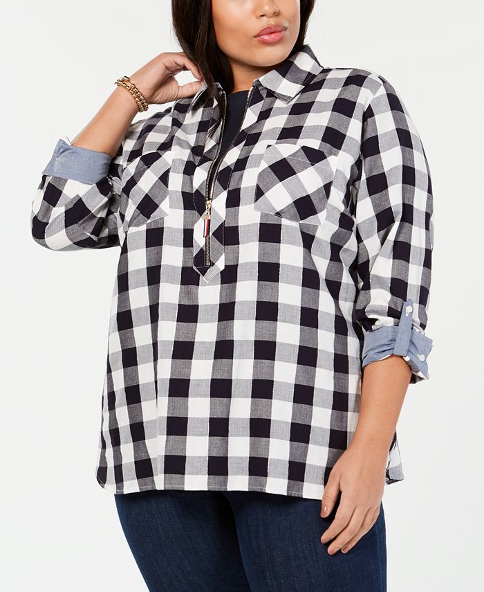 Tommy Hilfiger Blusa xadrez feminina de manga comprida com botões, cinza, tamanho 1X