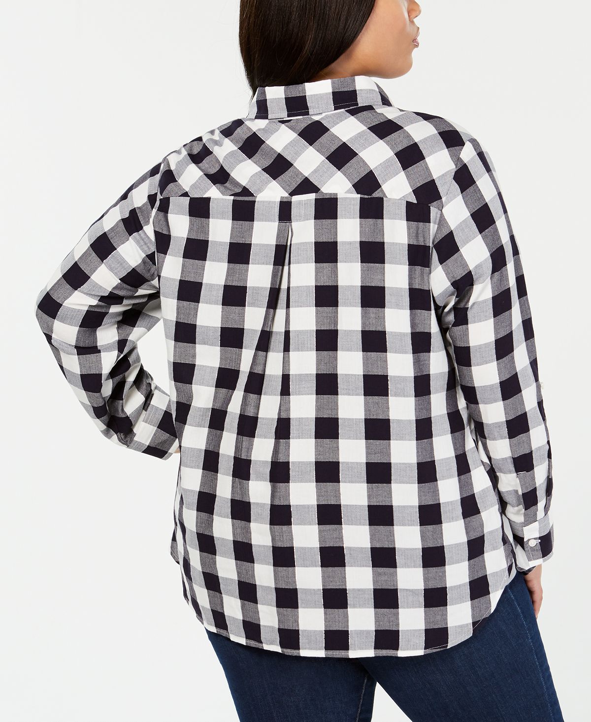Tommy Hilfiger Blusa xadrez feminina de manga comprida com botões, cinza, tamanho 1X