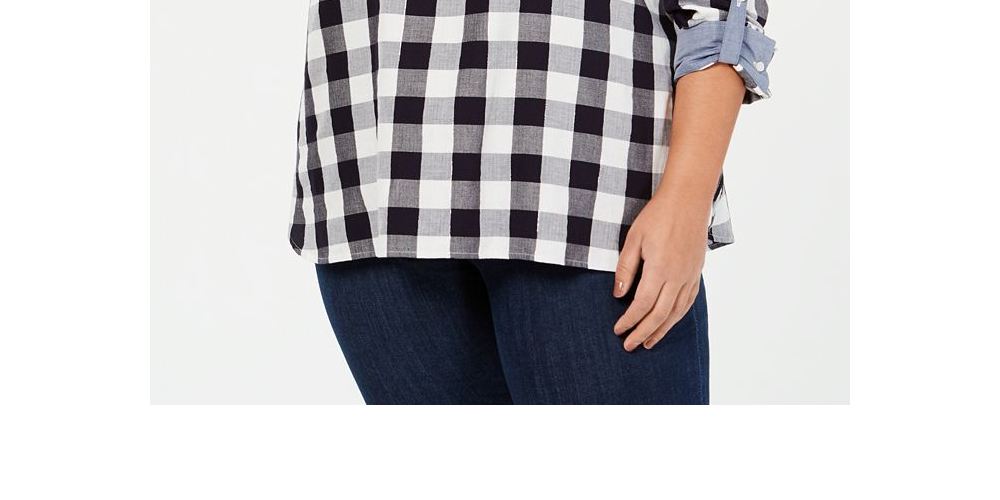 Tommy Hilfiger Blusa xadrez feminina de manga comprida com botões, cinza, tamanho 1X