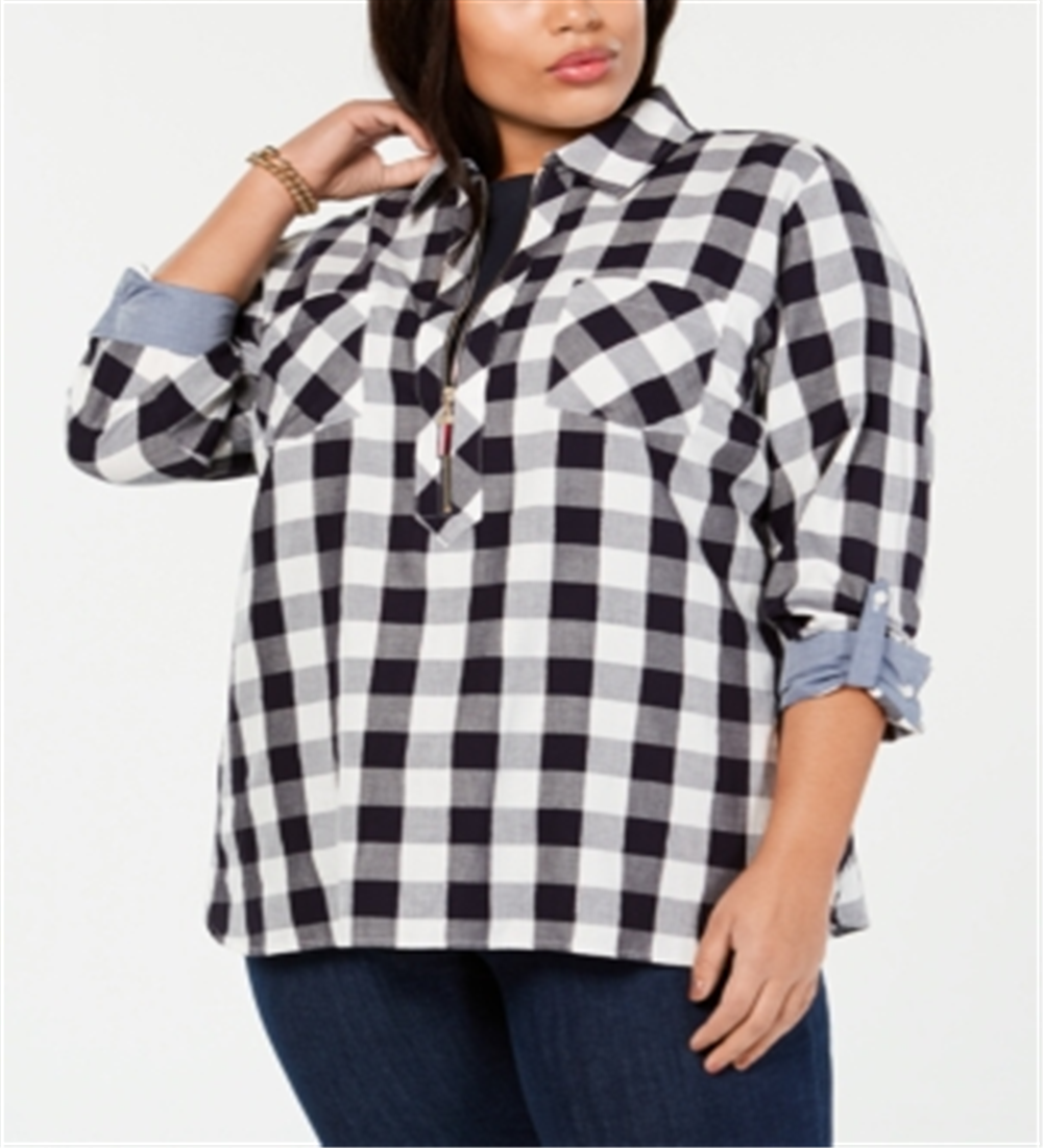Tommy Hilfiger Blusa xadrez feminina de manga comprida com botões, cinza, tamanho 1X