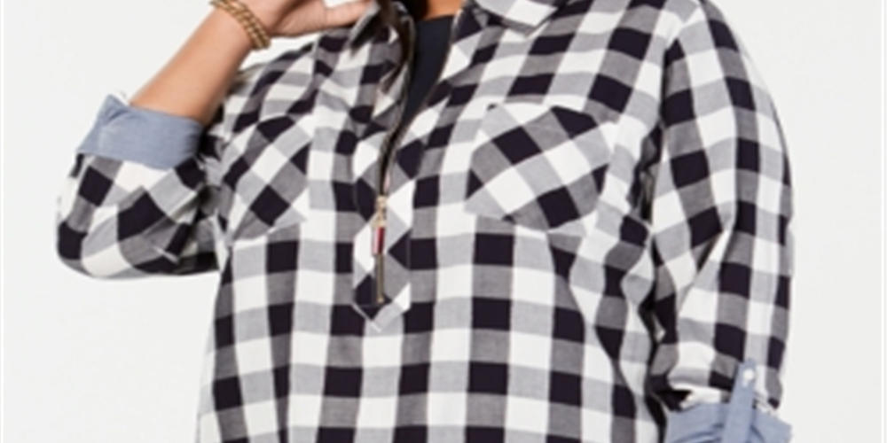 Tommy Hilfiger Blusa xadrez feminina de manga comprida com botões, cinza, tamanho 1X