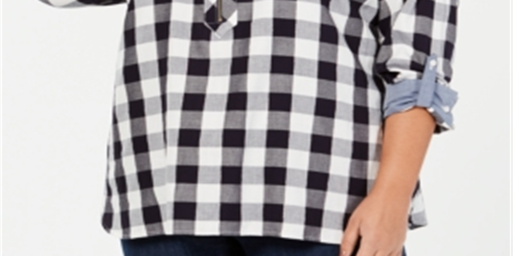 Tommy Hilfiger Blusa xadrez feminina de manga comprida com botões, cinza, tamanho 1X