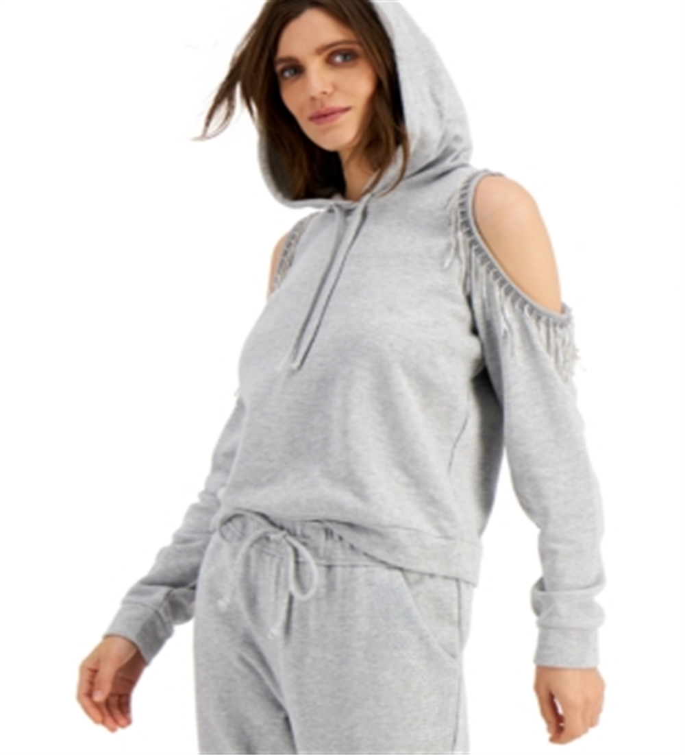 Moletom com capuz feminino INC International Concepts com franjas e ombros descobertos, cinza, tamanho médio