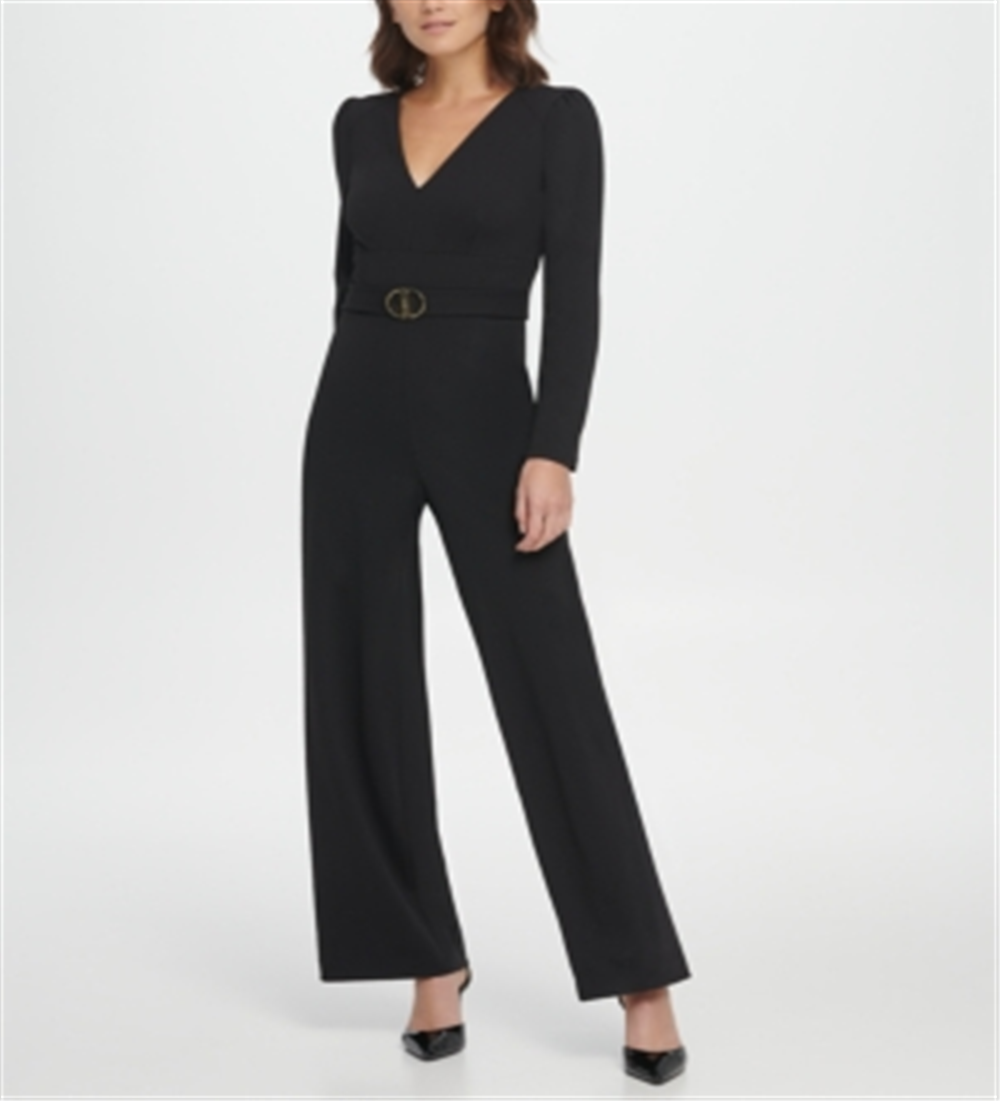 Macacão feminino DKNY com decote em V e fivela D, preto, tamanho 12