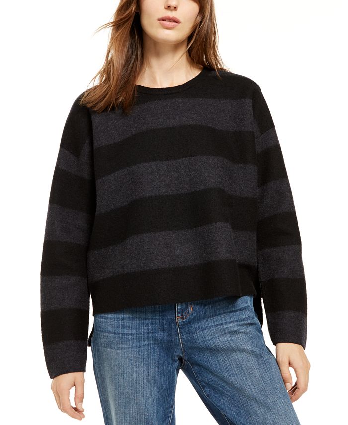 Eileen Fisher Suéter feminino de lã merino com gola redonda alta e baixa, cinza, tamanho GG