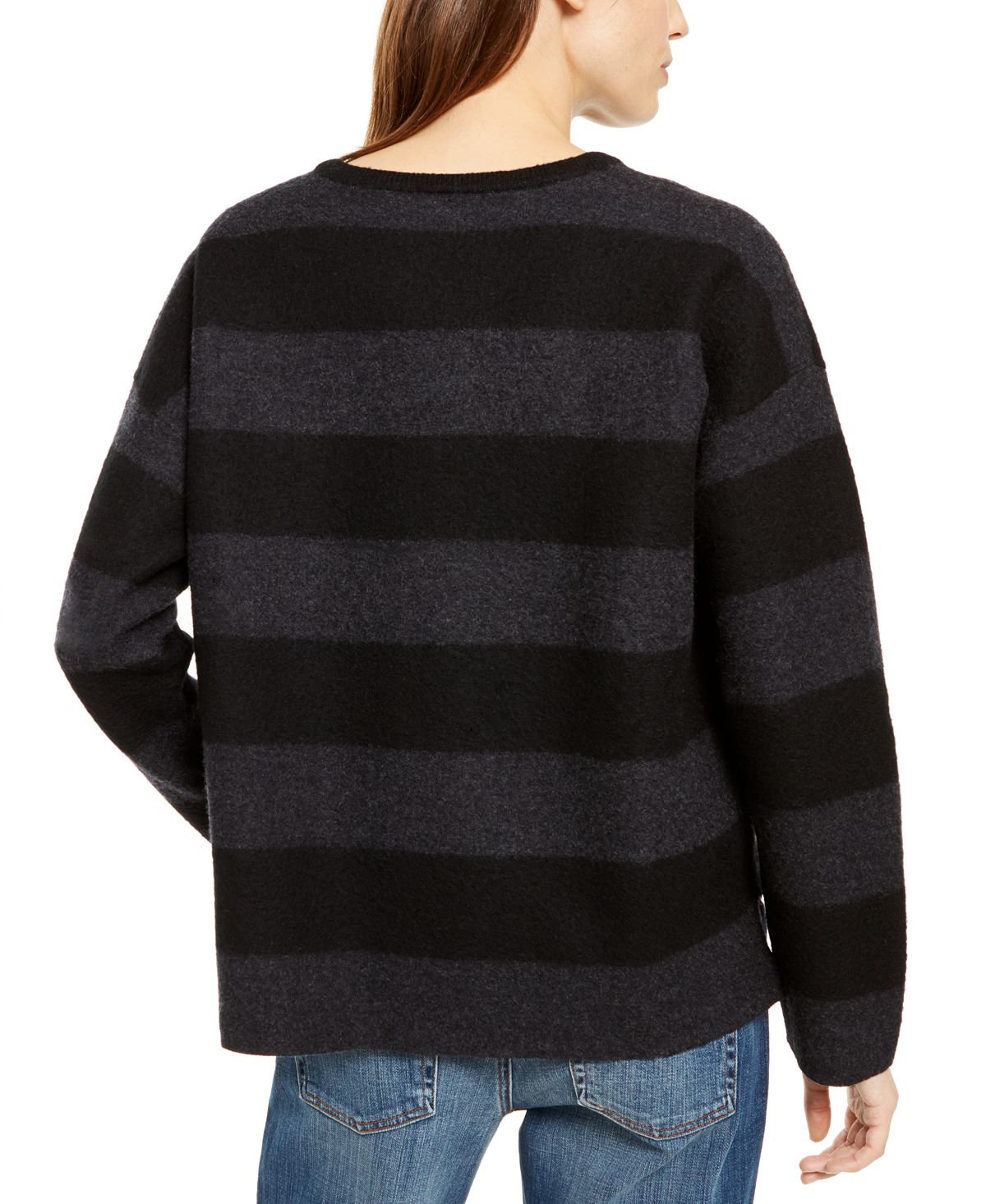 Eileen Fisher Suéter feminino de lã merino com gola redonda alta e baixa, cinza, tamanho GG