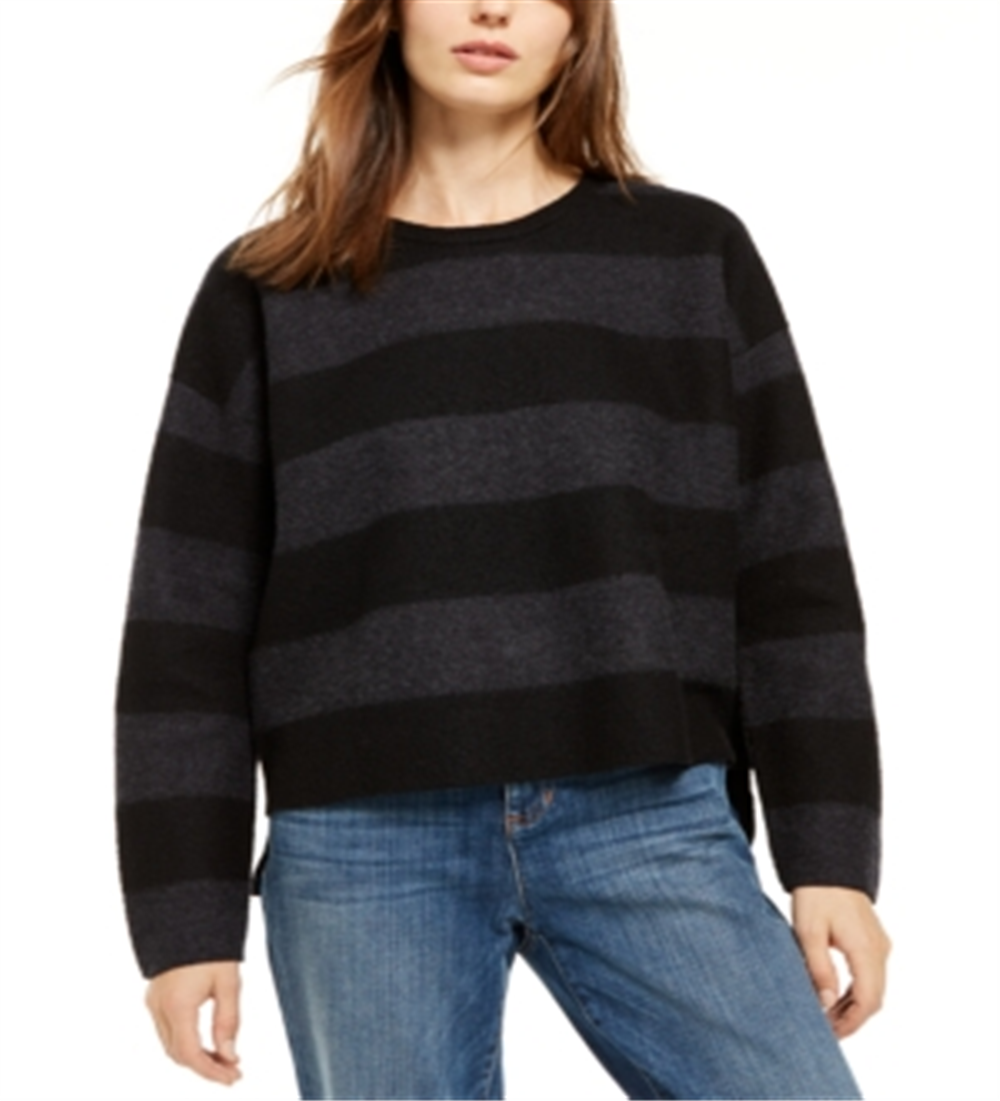Eileen Fisher Suéter feminino de lã merino com gola redonda alta e baixa, cinza, tamanho GG