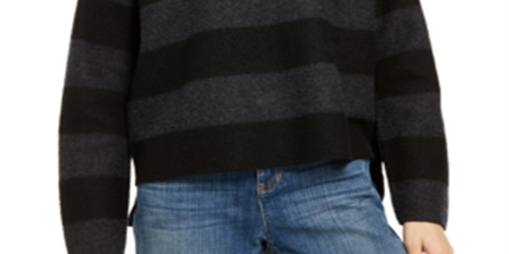 Eileen Fisher Suéter feminino de lã merino com gola redonda alta e baixa, cinza, tamanho GG