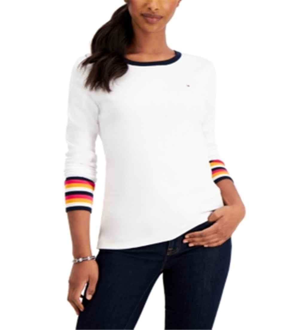 Tommy Hilfiger Blusa Feminina Listrada Manga Longa Branca Tamanho XG