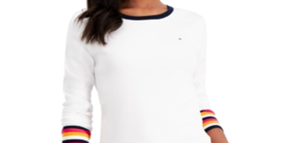 Tommy Hilfiger Blusa Feminina Listrada Manga Longa Branca Tamanho XG