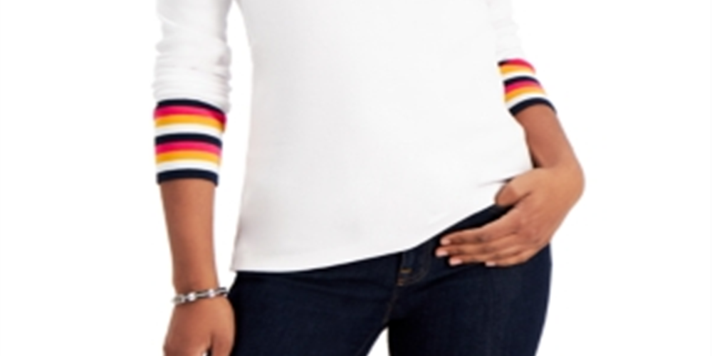 Tommy Hilfiger Blusa Feminina Listrada Manga Longa Branca Tamanho XG