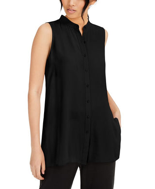 Eileen Fisher System Silk Mandarin-Collar Blouse Bone Brown Size S