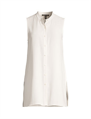Eileen Fisher System Silk Mandarin-Collar Blouse Bone Brown Size S