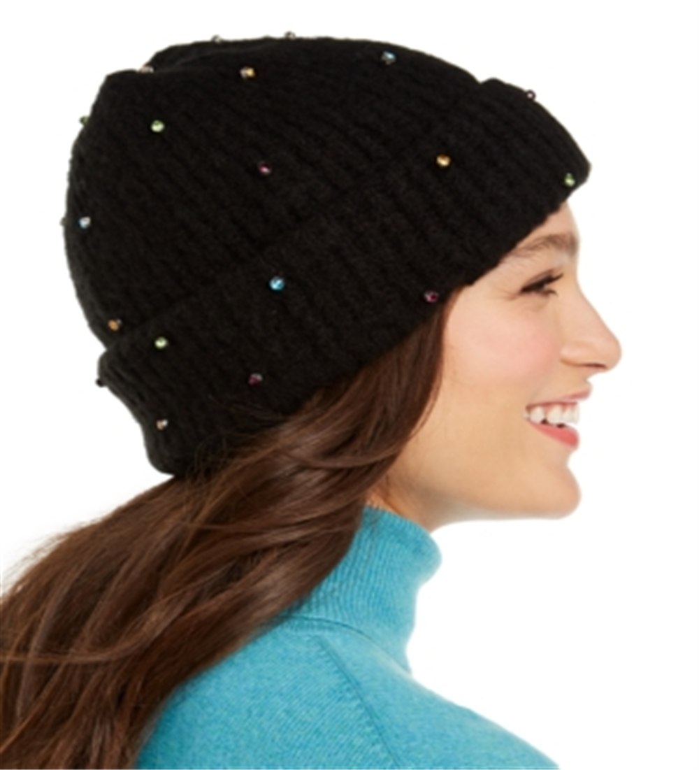 INC International Concepts Gorro Feminino com Pedras Pretas, Tamanho Único