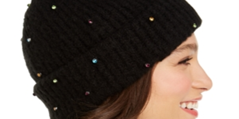 INC International Concepts Gorro Feminino com Pedras Pretas, Tamanho Único