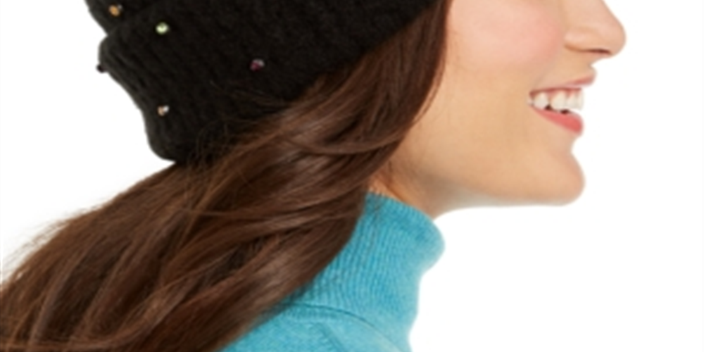 INC International Concepts Gorro Feminino com Pedras Pretas, Tamanho Único