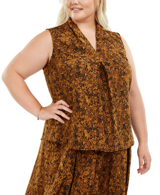 Top feminino Bar III Trendy Plus com estampa de cobra e decote em V, marrom, tamanho 2XL