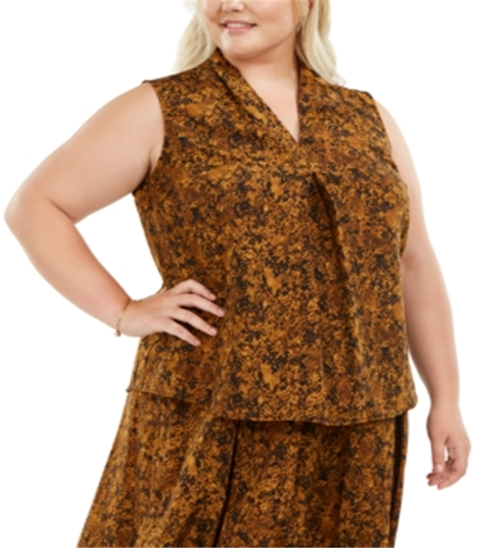 Top feminino Bar III Trendy Plus com estampa de cobra e decote em V, marrom, tamanho 2XL