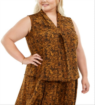 Top feminino Bar III Trendy Plus com estampa de cobra e decote em V, marrom, tamanho 2XL