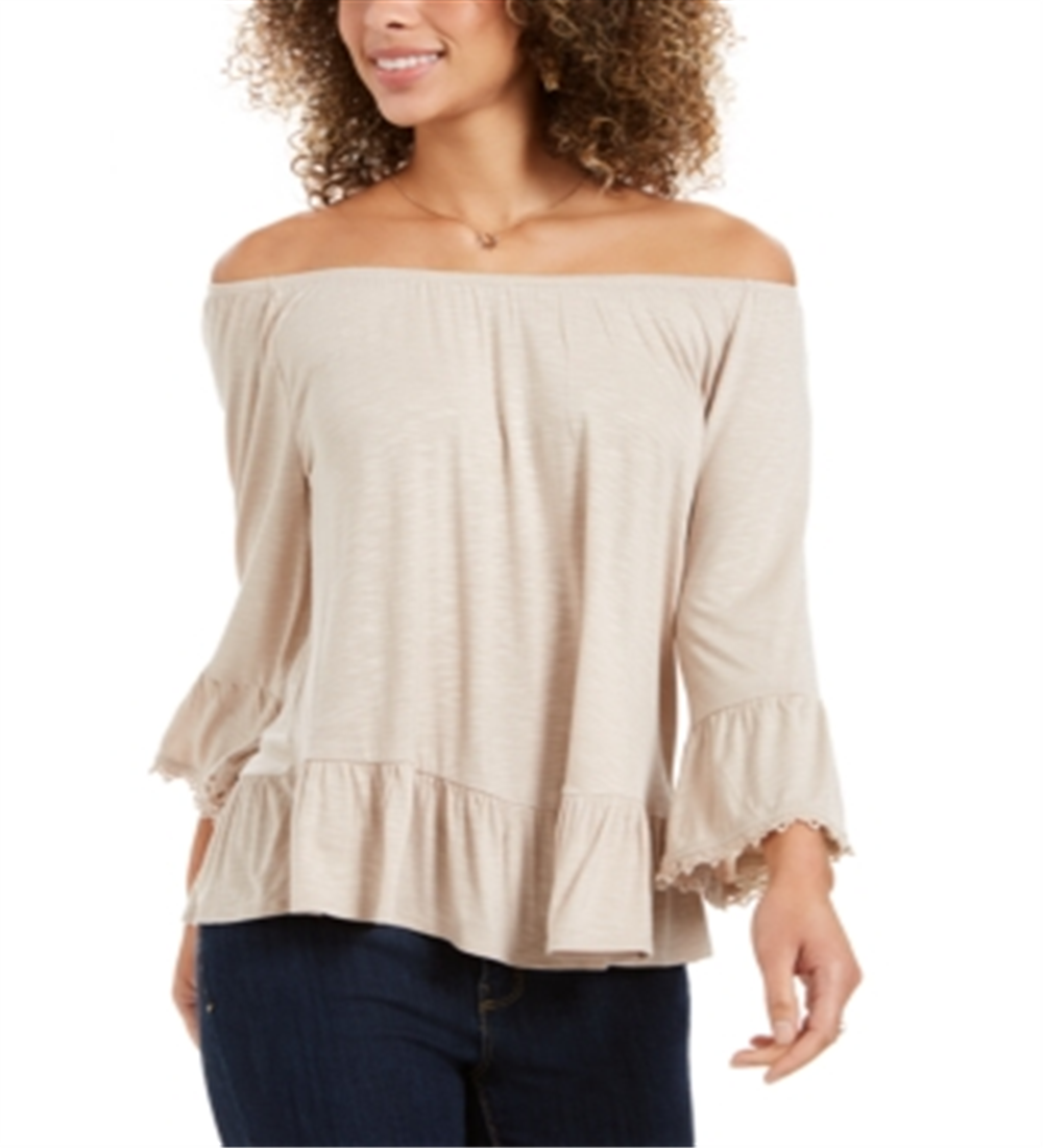 Blusa feminina estilo &amp; co com ombro de fora e manga sino, marrom, tamanho GG