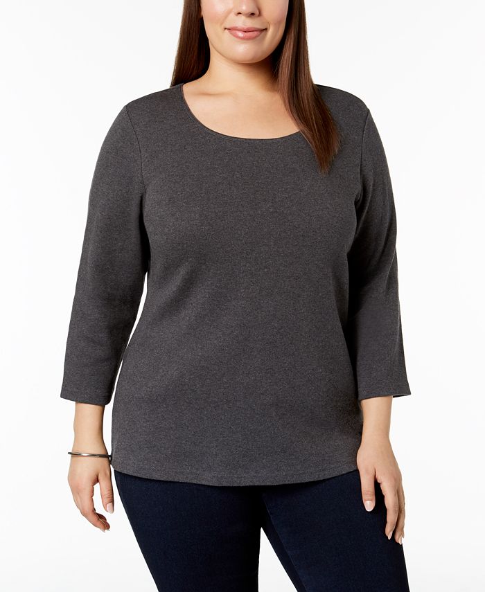 Karen Scott Blusa feminina de algodão com decote redondo, tamanho 3X, branca