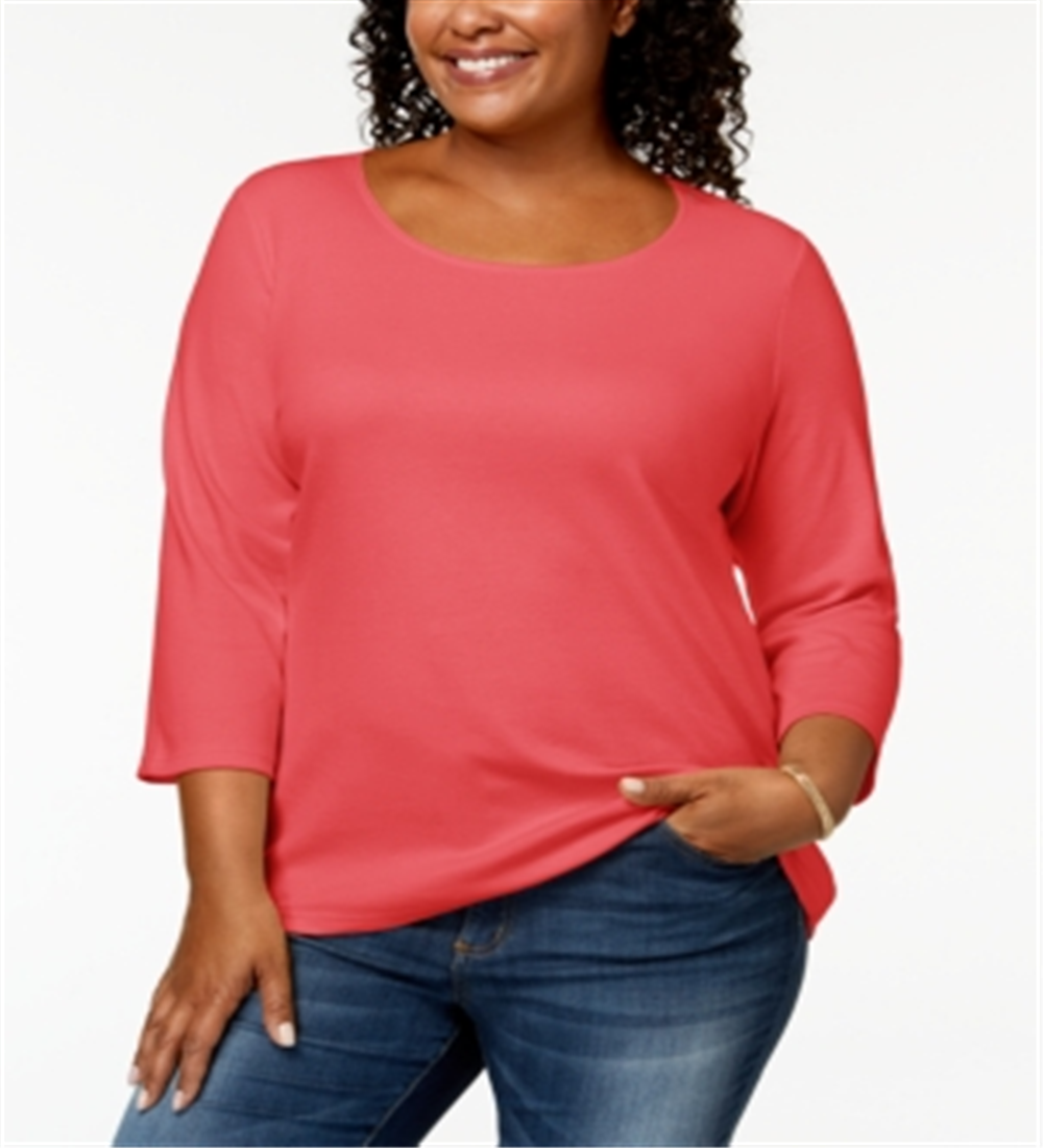Karen Scott Blusa feminina de algodão com decote redondo, tamanho 3X, branca