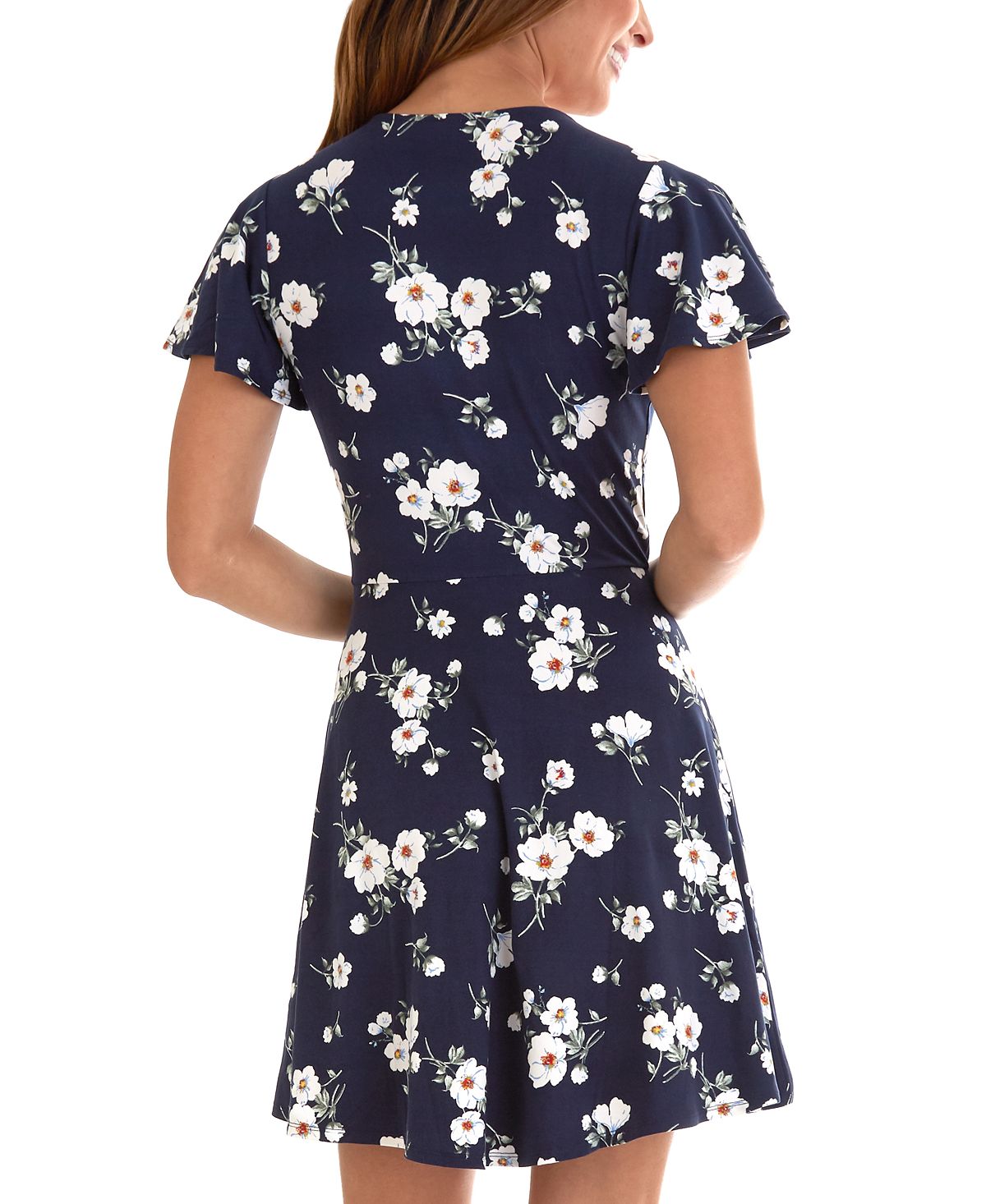 Vestido feminino BCX com decote sobrepeliz floral e elástico, manga esvoaçante, acima do joelho, para usar no trabalho, azul, tamanho médio