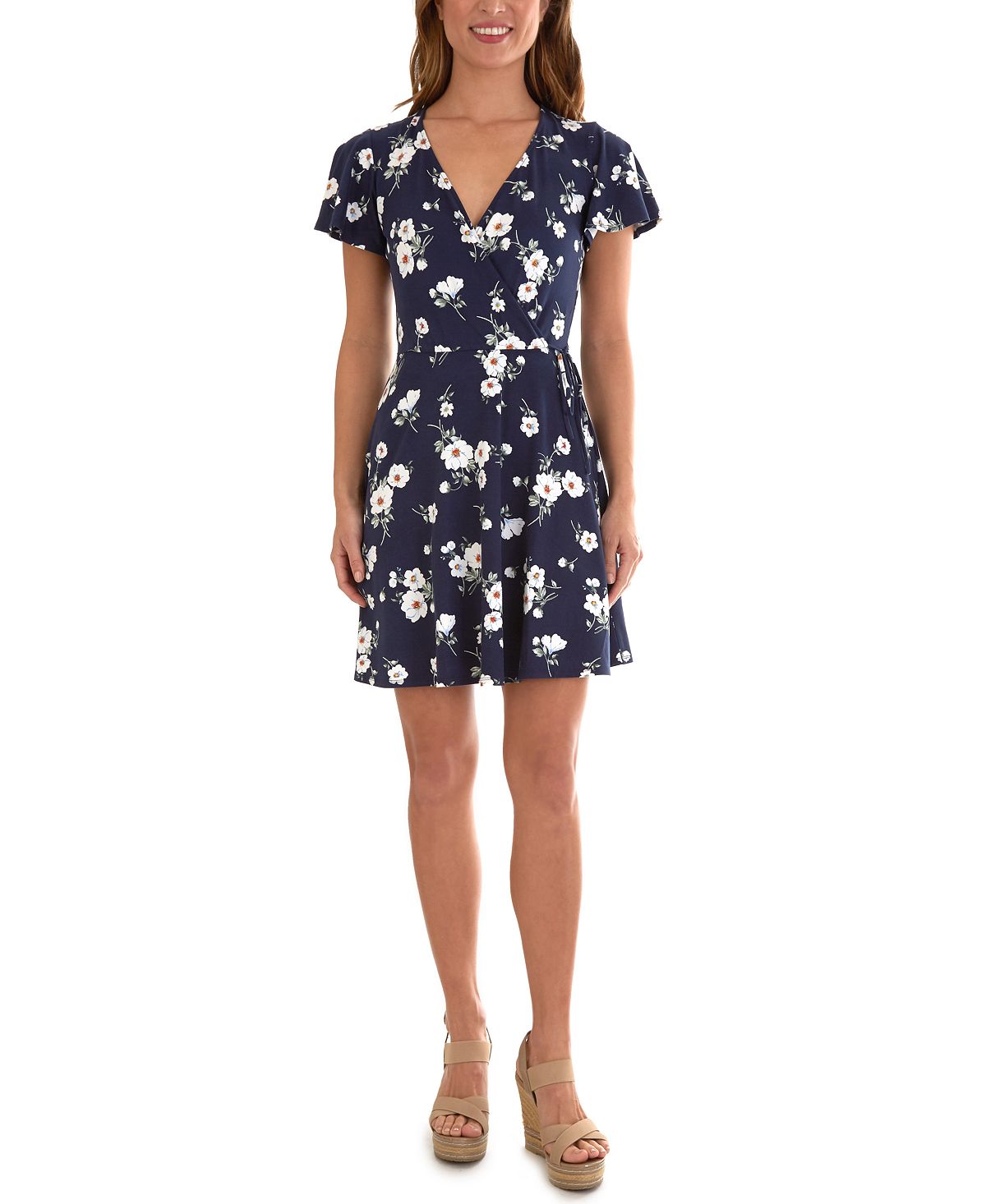 Vestido feminino BCX com decote sobrepeliz floral e elástico, manga esvoaçante, acima do joelho, para usar no trabalho, azul, tamanho médio