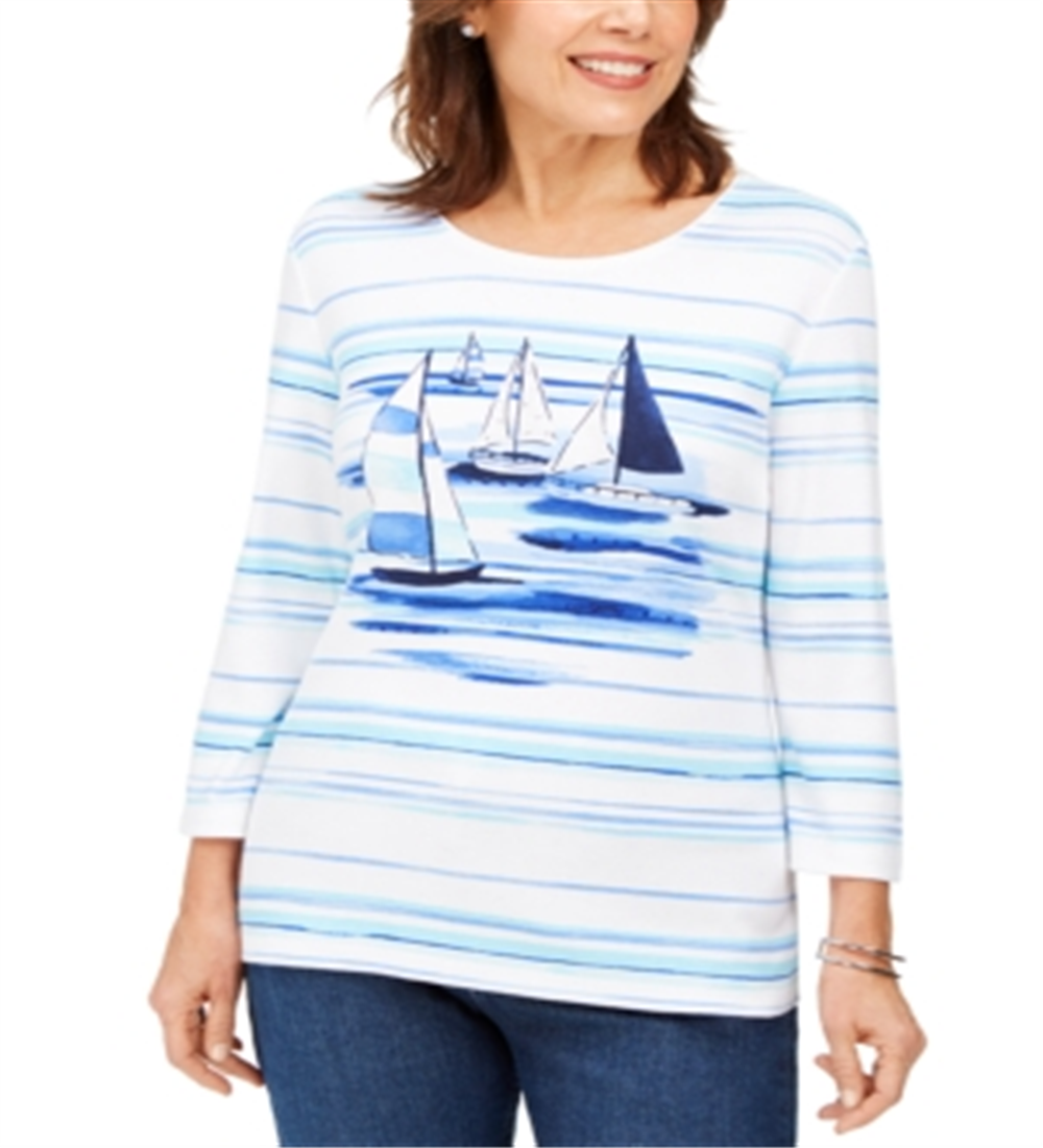Karen Scott Blusa Feminina Estampa de Barco com Enfeites Branca Tamanho P