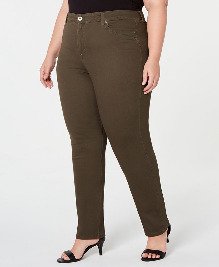 Jeans feminino estilo &amp; co plus size com controle de barriga, perna reta, verde, tamanho 14W