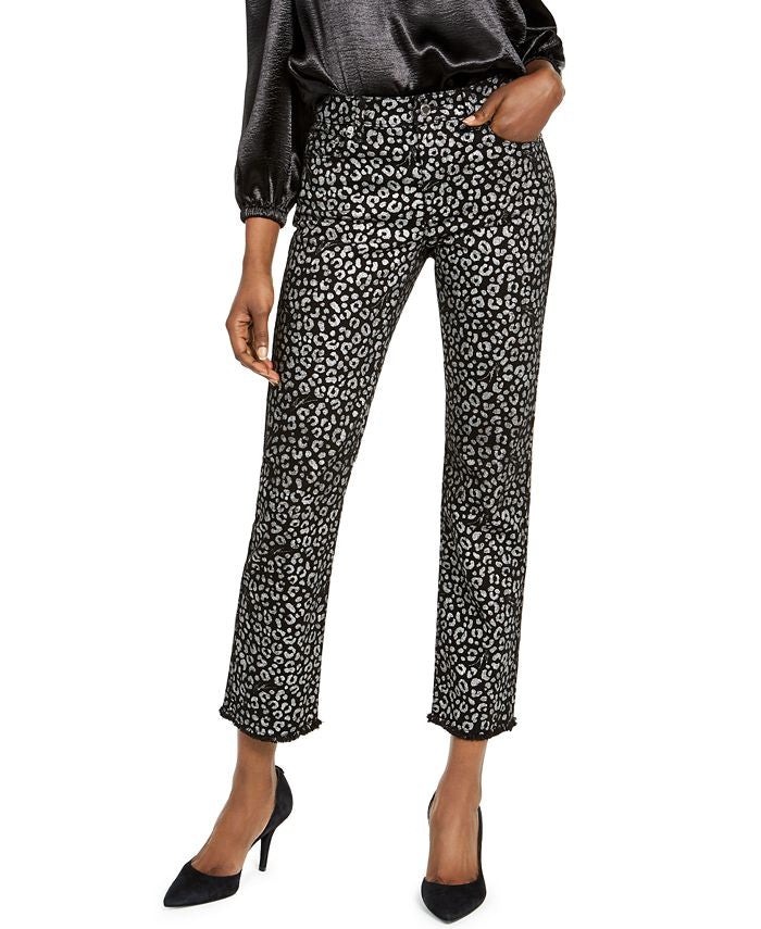 Calça jeans curta feminina Michael Kors com estampa animal e folha, preta, tamanho -0