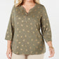 Karen Scott Plus Size Henley com estampa de folha feminina, verde, tamanho 0X