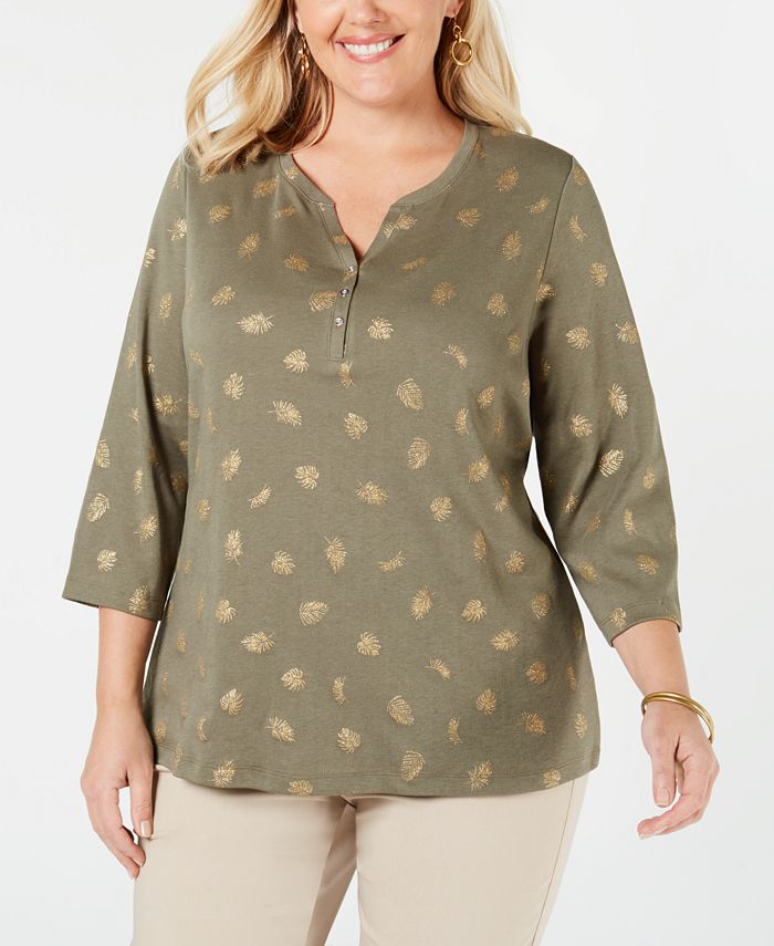Karen Scott Plus Size Henley com estampa de folha feminina, verde, tamanho 0X