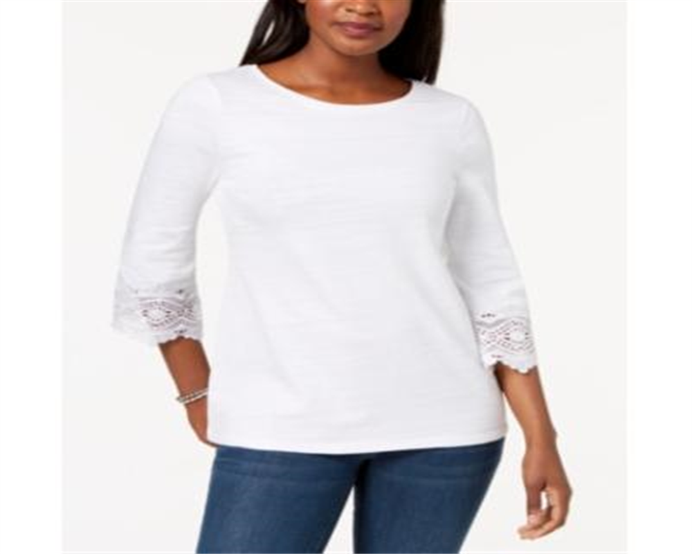 Top feminino Charter Club com acabamento em renda de algodão, branco, tamanho pequeno