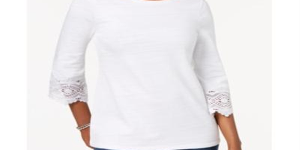 Top feminino Charter Club com acabamento em renda de algodão, branco, tamanho pequeno