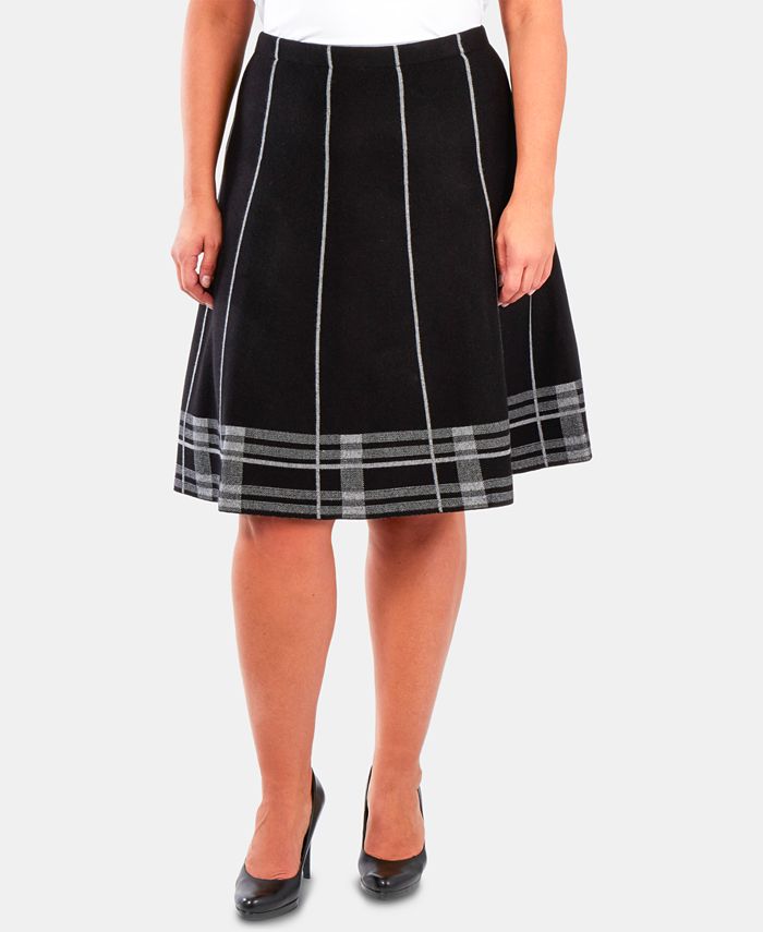 Saia midi plus size feminina NY Collection xadrez evasê cinza tamanho 1X