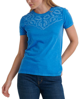 Camiseta feminina Lucky Brand com gola alta bordada, azul princesa, tamanho médio