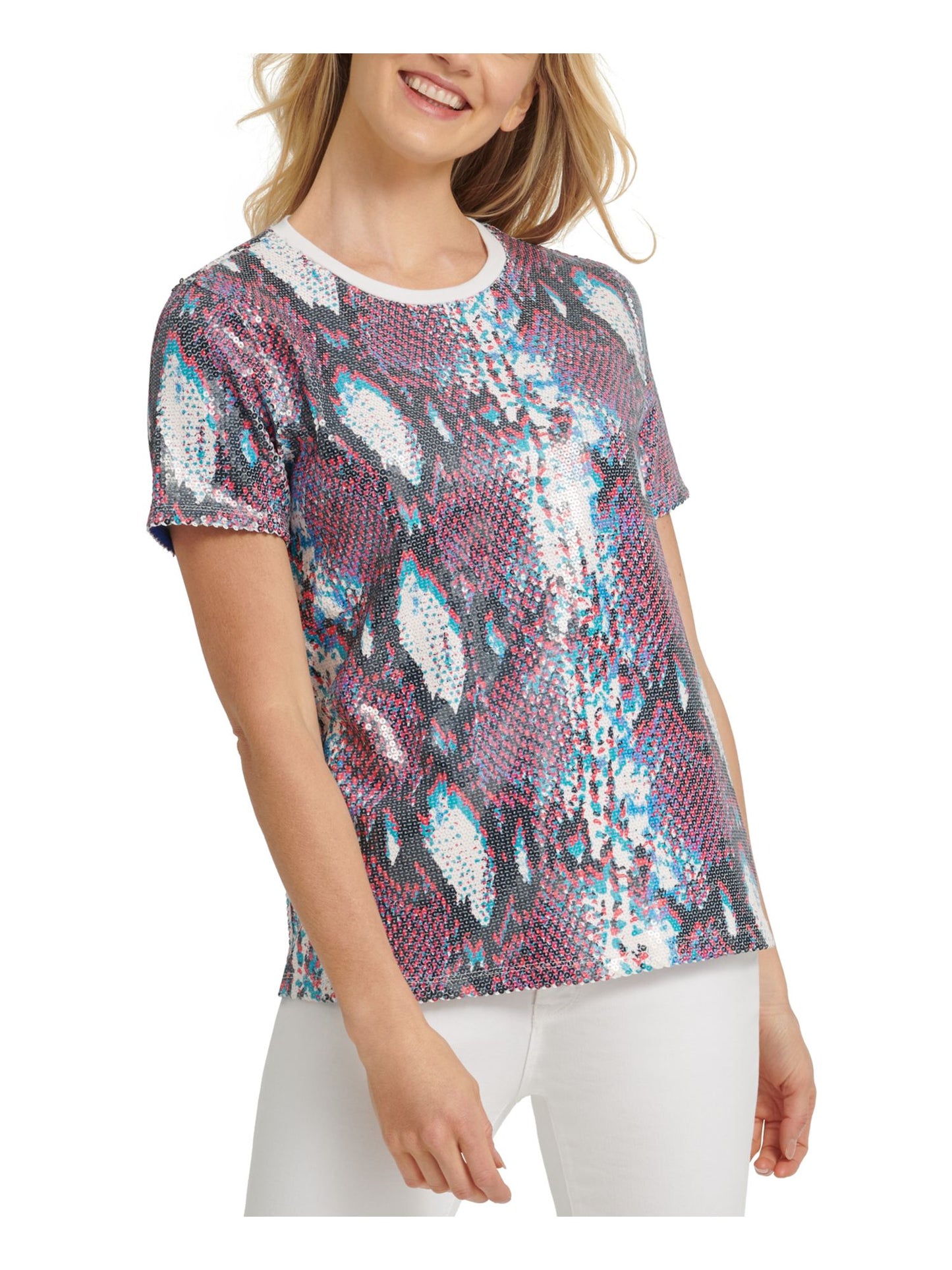 Blusa feminina DKNY com estampa animal e lantejoulas, manga curta, gola redonda, azul, tamanho GG